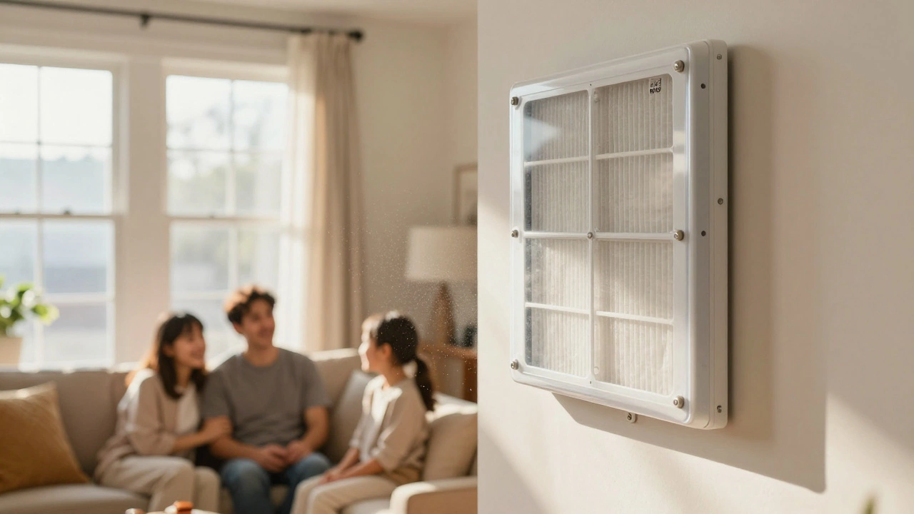 Family in a living room with sunlight near a vent, MERV 13 filter visible in transparent air handler panel.