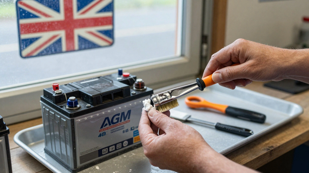 Hands cleaning corroded battery terminals with wire brush and baking soda solution