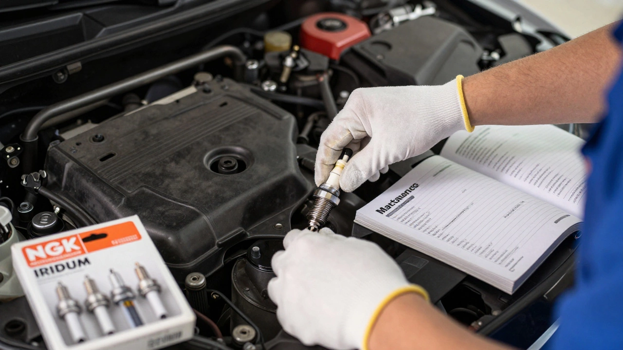 Mechanic installing new spark plugs in a Toyota Corolla engine bay.