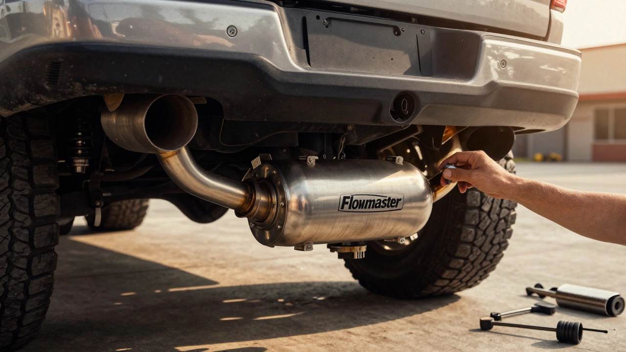 Mechanic working on a chambered muffler with tools and a resonator in the background.