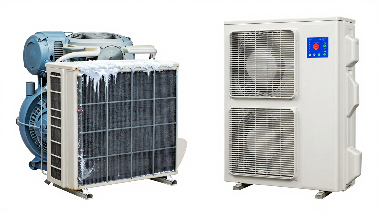 Split-screen comparison: old AC unit with frozen coil and clogged filter versus modern system with smooth airflow.