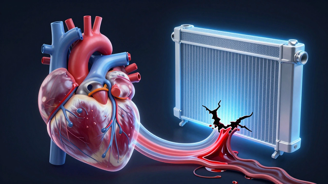 Symbolic image of a car engine as a heart with a cracked radiator leaking coolant versus a glowing replacement.