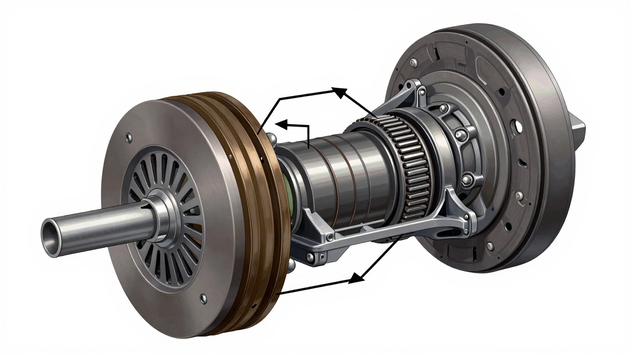 Technical cross-section diagram of a clutch system showing internal parts in action.