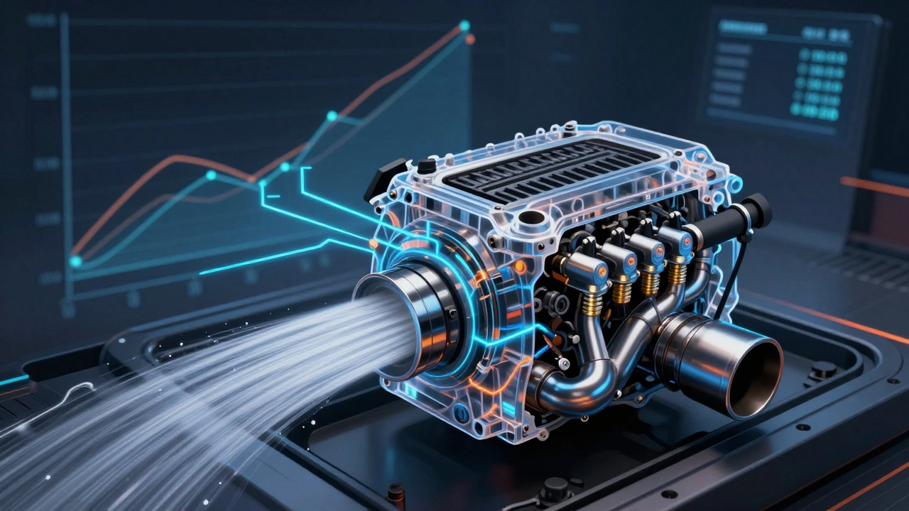 Transparent engine with digital flow lines showing ECU adjustments and rising power graph.