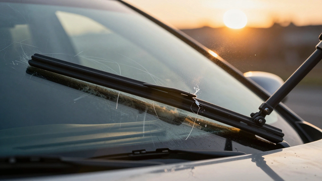 Wiper arm with uneven pressure dropping on a scratched windshield, one side slamming down, the other lifting.