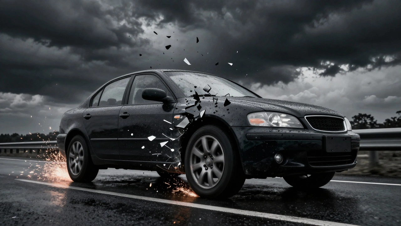 A car braking on a wet road as one rotor shatters into fragments, sparks and fluid trail behind it, stormy sky above.