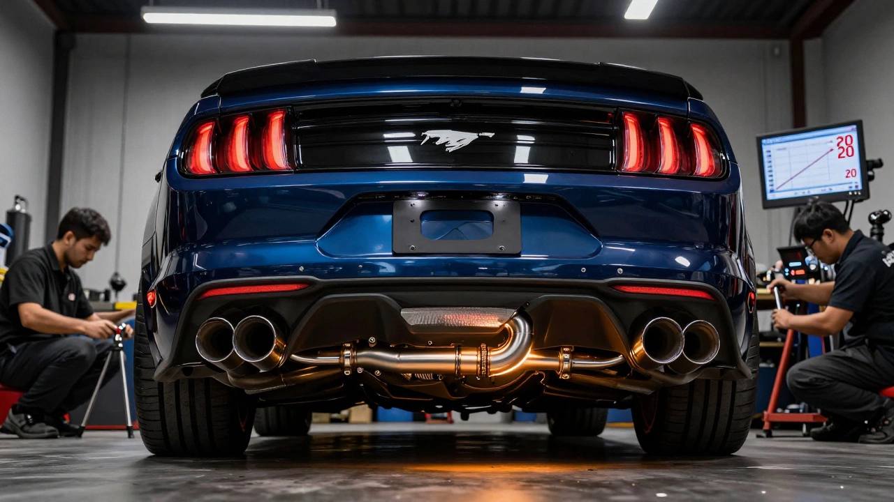 A high-performance exhaust system being installed on a Ford Mustang GT with glowing tubing and performance readout.