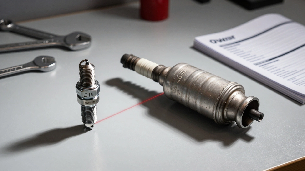 A new spark plug placed beside a catalytic converter, highlighting the cost difference of neglect.