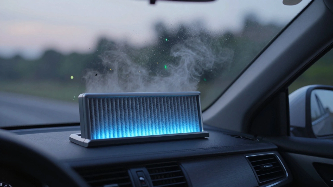 Clean air flowing through a cabin air filter, blocking pollutants inside a car at dusk.