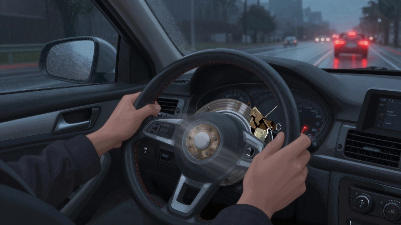 Driver feeling steering wheel vibration while braking on a wet urban road at night.