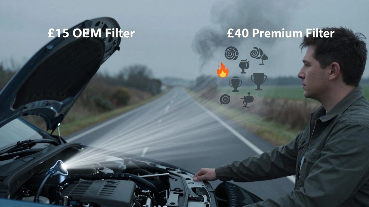 Driver on a rural road with conceptual overlays showing true airflow versus marketing hype from expensive filters.