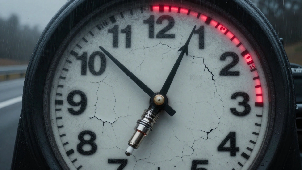 Engine as a clock with spark plugs as hands, warning symbol at 140,000 miles.