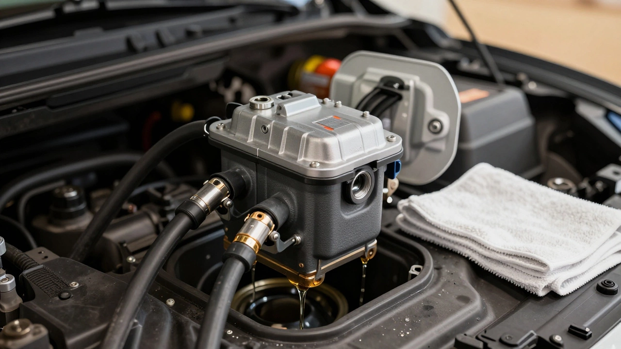 Fuel pump module being removed from a nearly empty fuel tank with disconnected lines and tools nearby.