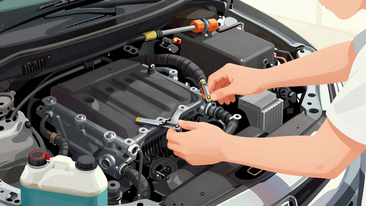 Hands reconnecting radiator hoses and mounting brackets on a car engine during replacement.