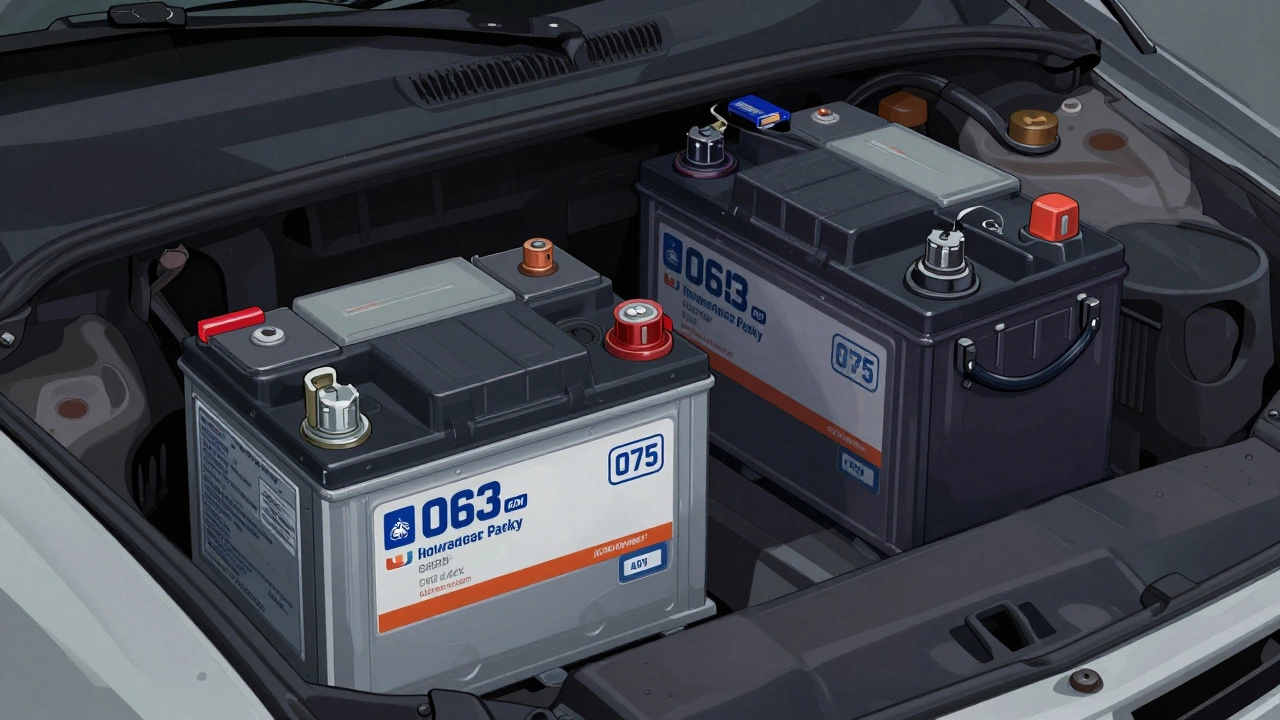 Incorrectly sized battery pressing against car hood while correct one fits perfectly.