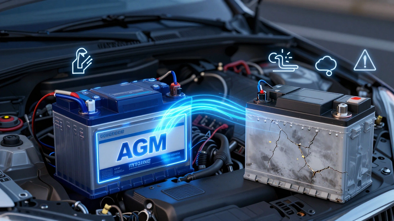 Modern AGM battery powering car systems versus old battery fading in the corner.