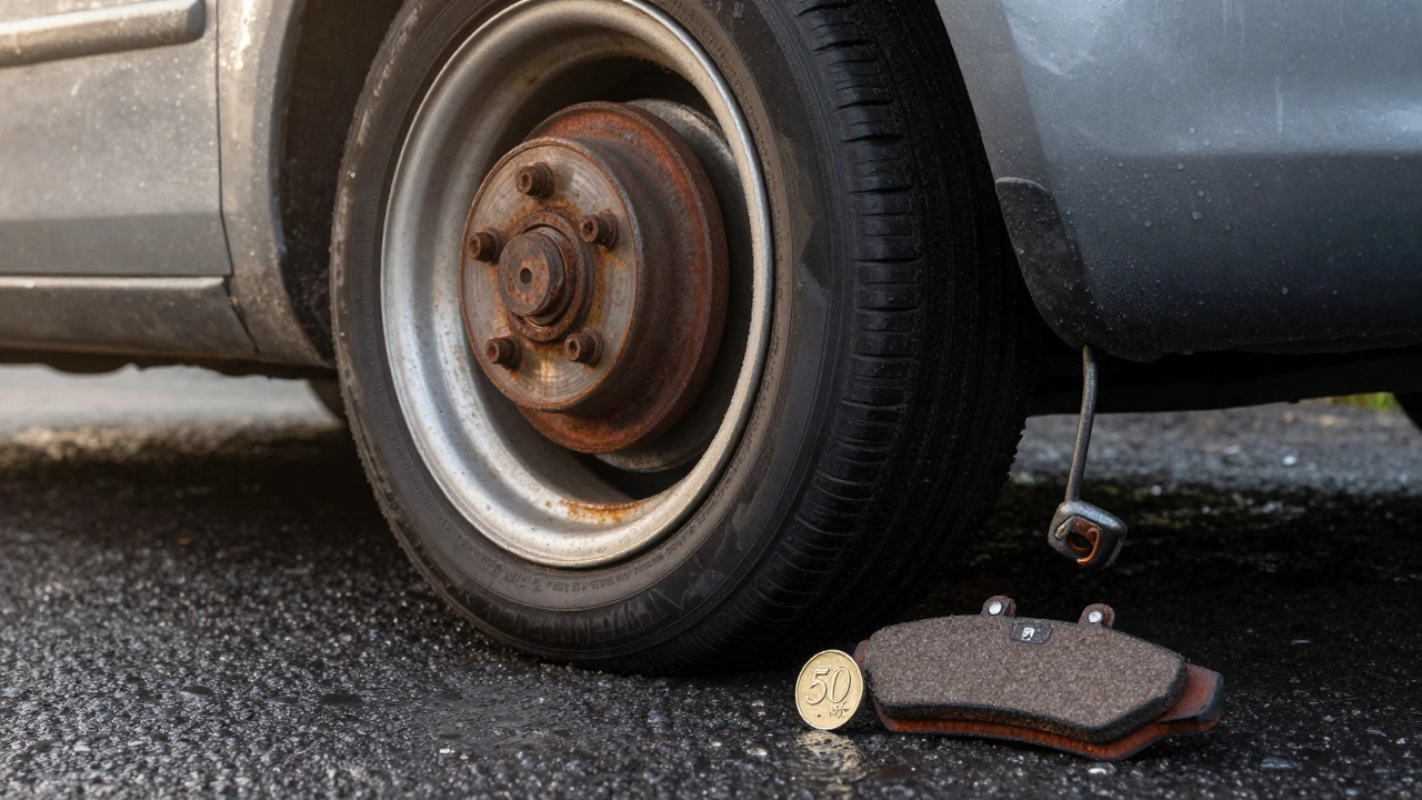 Rear drum brake corroded with handbrake loose, 50p coin beside pad to show wear threshold.