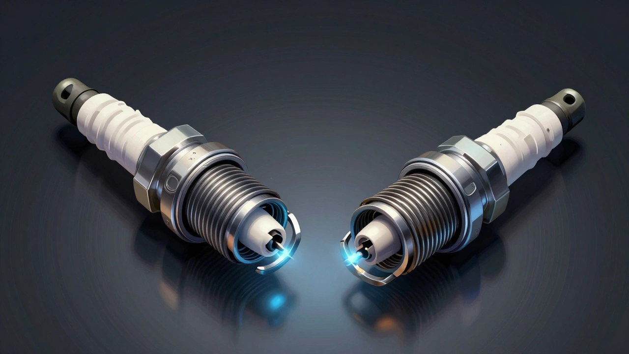 Side-by-side comparison of a new spark plug with a worn, damaged one showing electrode erosion.