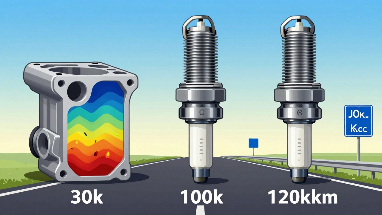 Side-by-side comparison of copper, platinum, and iridium spark plugs with distance markers showing lifespan differences.