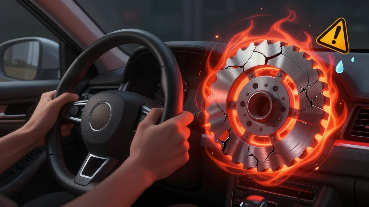 Split-screen illustration comparing a perfect rotor to a damaged one, with heat waves and warning symbols surrounding it.