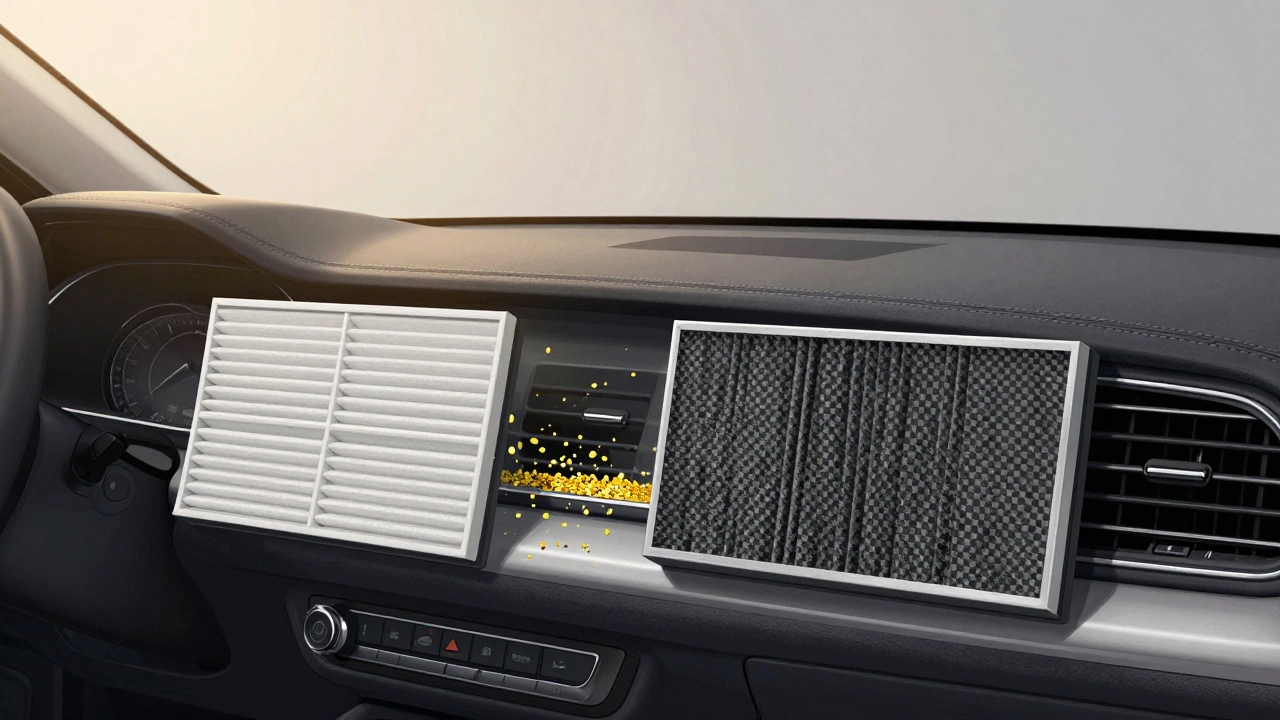 Split view inside a car cabin showing basic and carbon cabin filters filtering incoming air with visible particles.