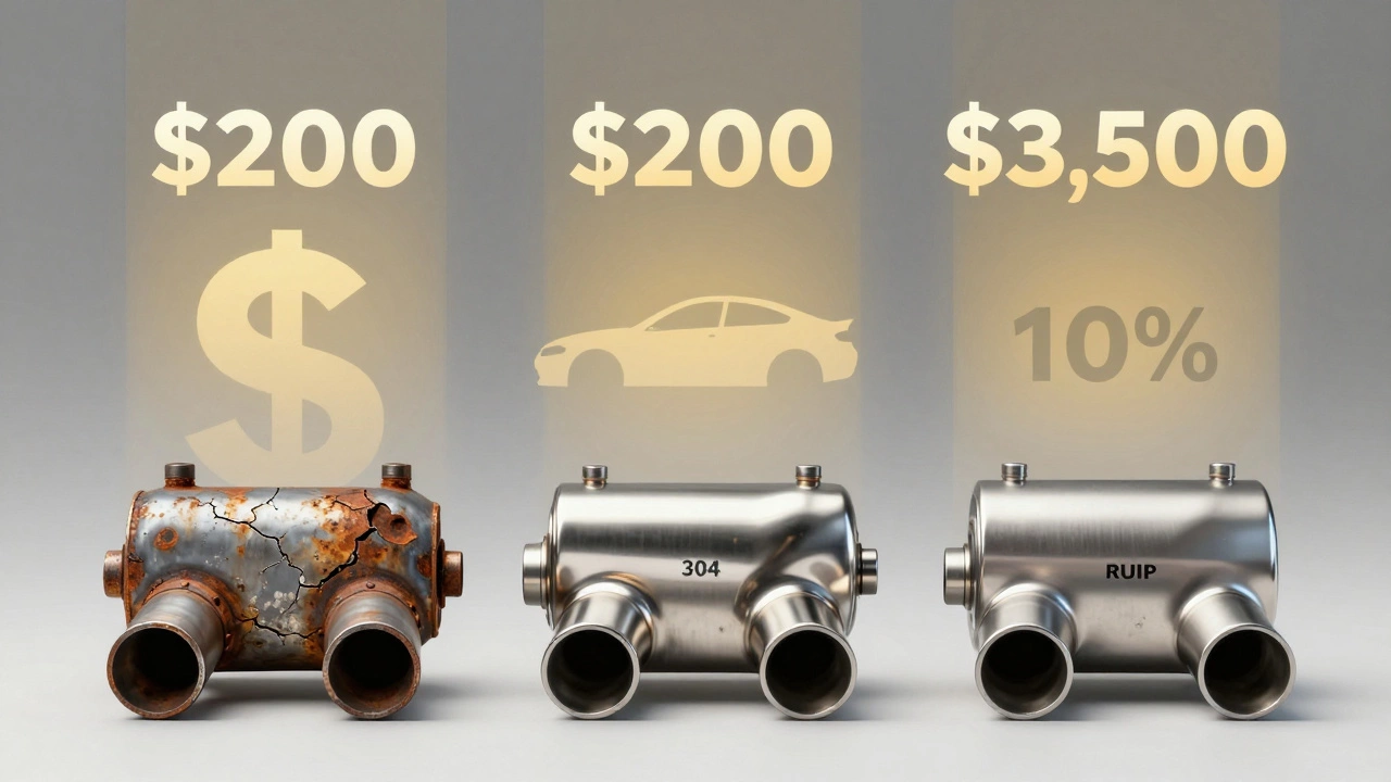 Three exhaust materials side by side—mild steel, stainless steel, and titanium—with price progression and car silhouette.