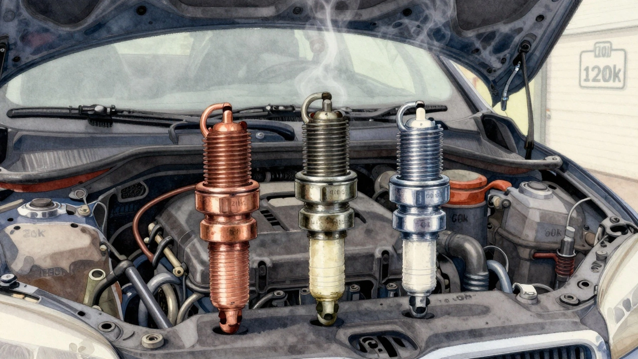 Three types of spark plugs displayed with mileage markers in soft watercolor style.