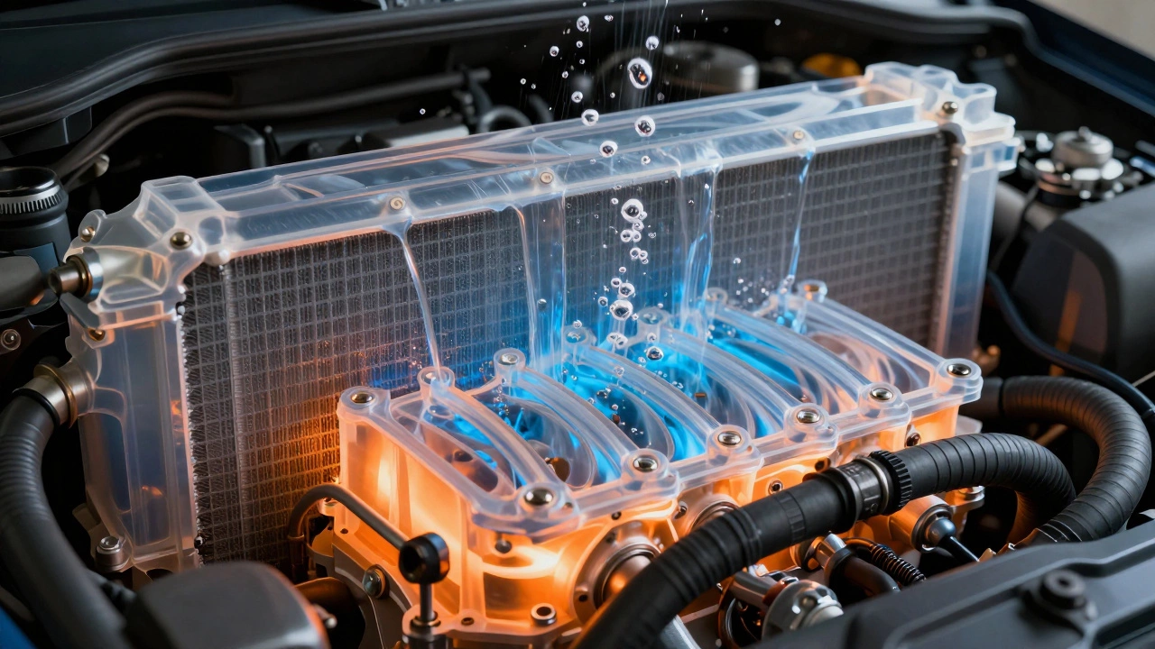 Transparent engine cross-section showing coolant flow and air bubbles being expelled during bleeding.
