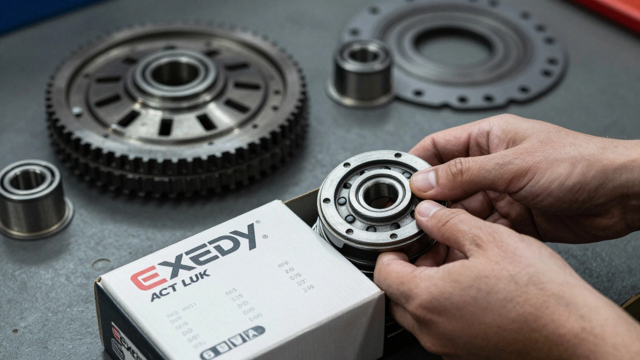 A branded clutch kit being packed with worn parts discarded nearby.