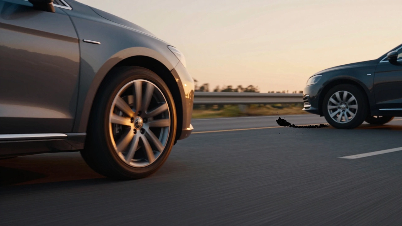 A car with alloy rims on smooth road at dusk, while another bumps over potholes.