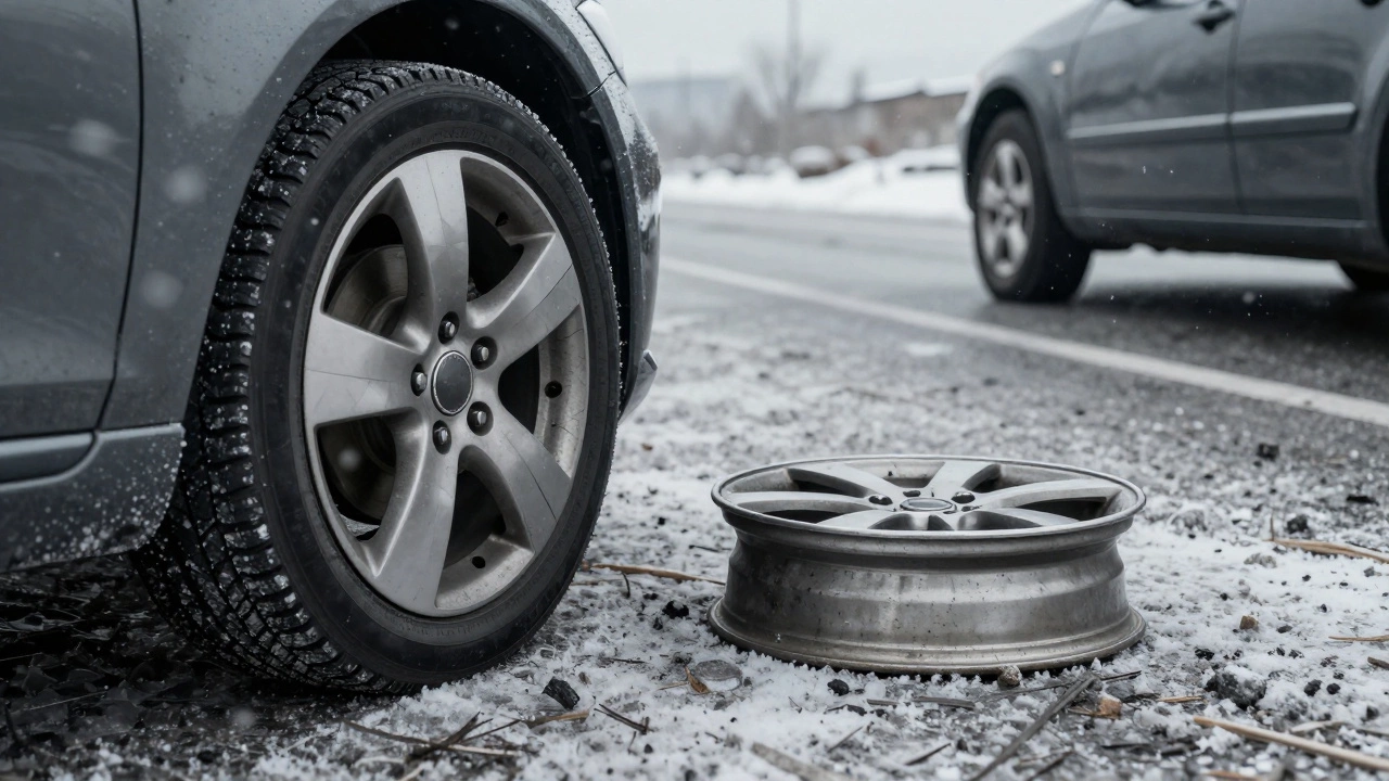 A cracked alloy rim next to a bent steel wheel on a salty winter road.