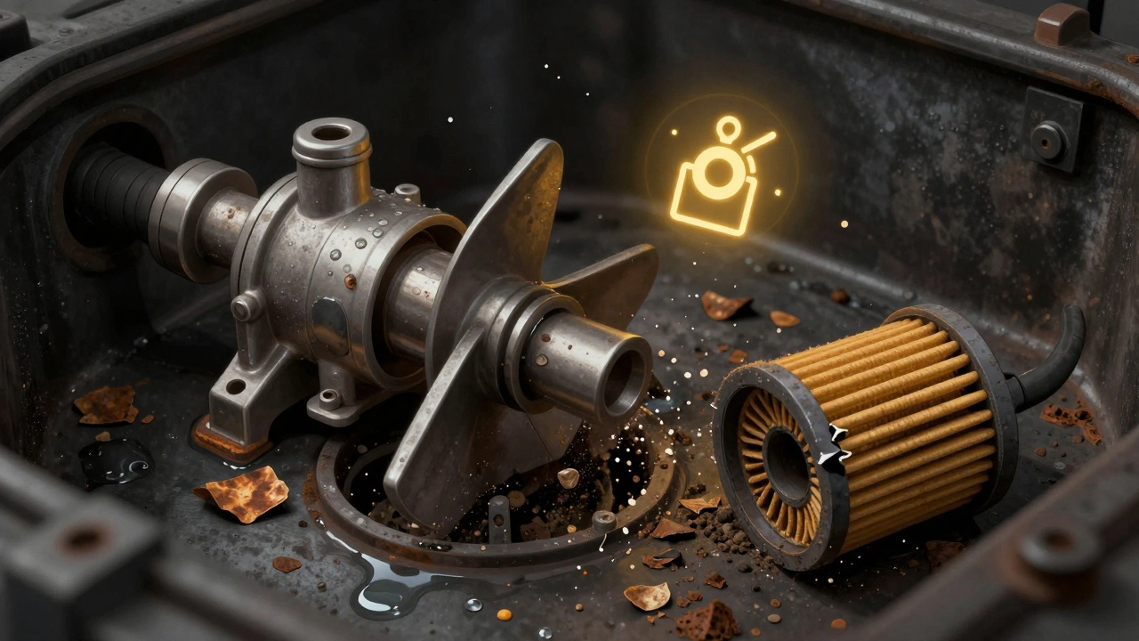 A damaged fuel pump with contaminants like rust and water grinding against its internal parts.