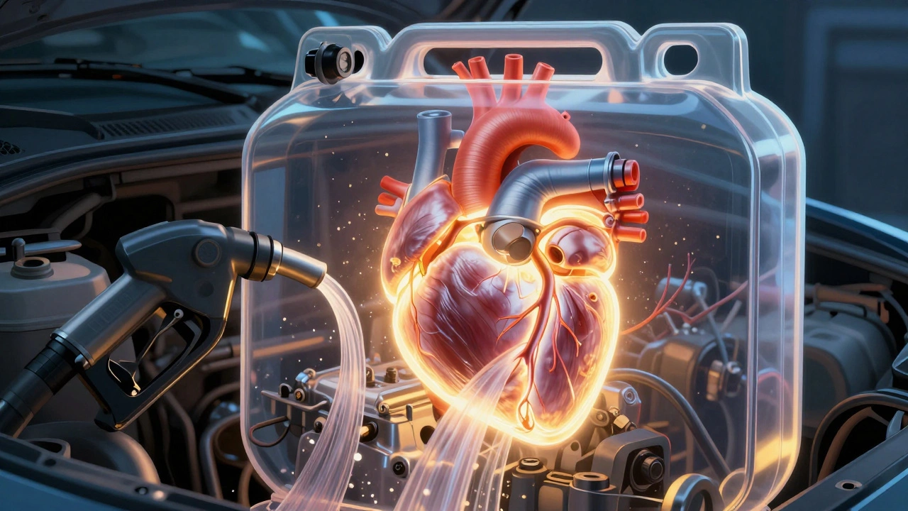 A stylized fuel pump illustrated as a glowing heart inside a transparent fuel tank, powering the engine with fuel flow.
