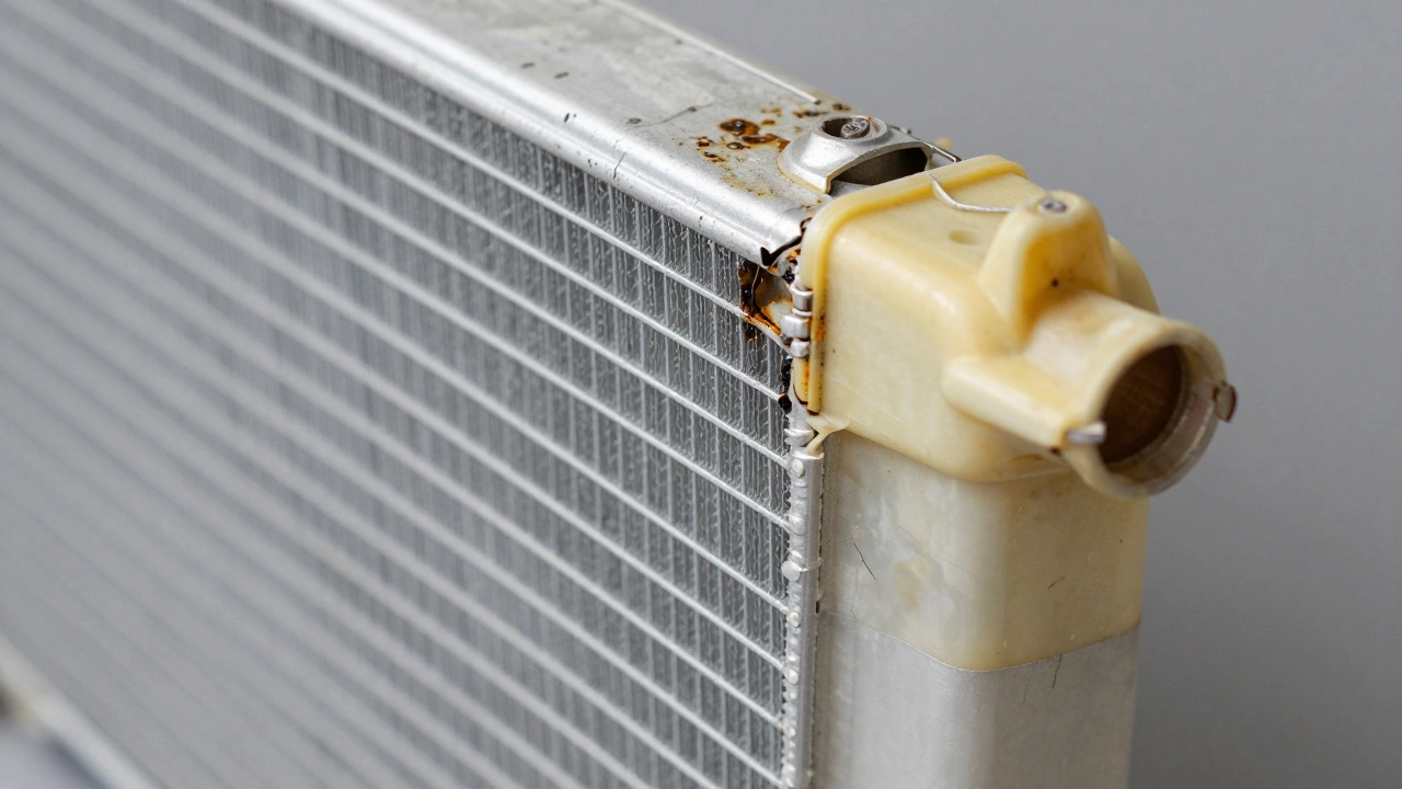 Close up view of cracked radiator core and plastic tank junction.