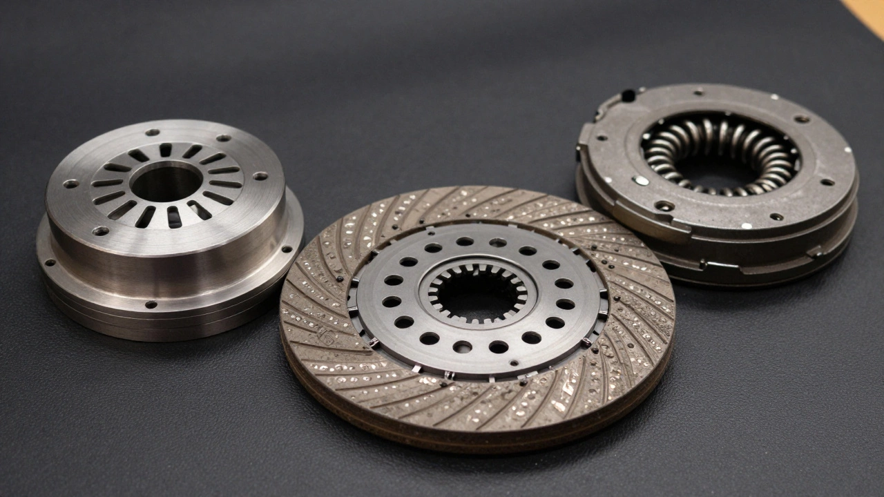 Clutch components including flywheel and disc on mat