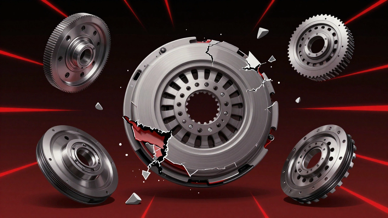 Cross-section of a failing clutch disc with damaged transmission parts floating around it in dark space.