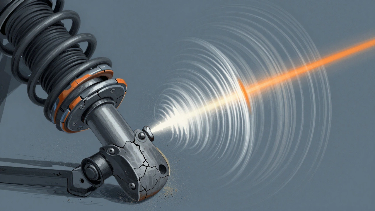 Cross-section of a worn suspension showing cracked rubber bushings and dust escaping.
