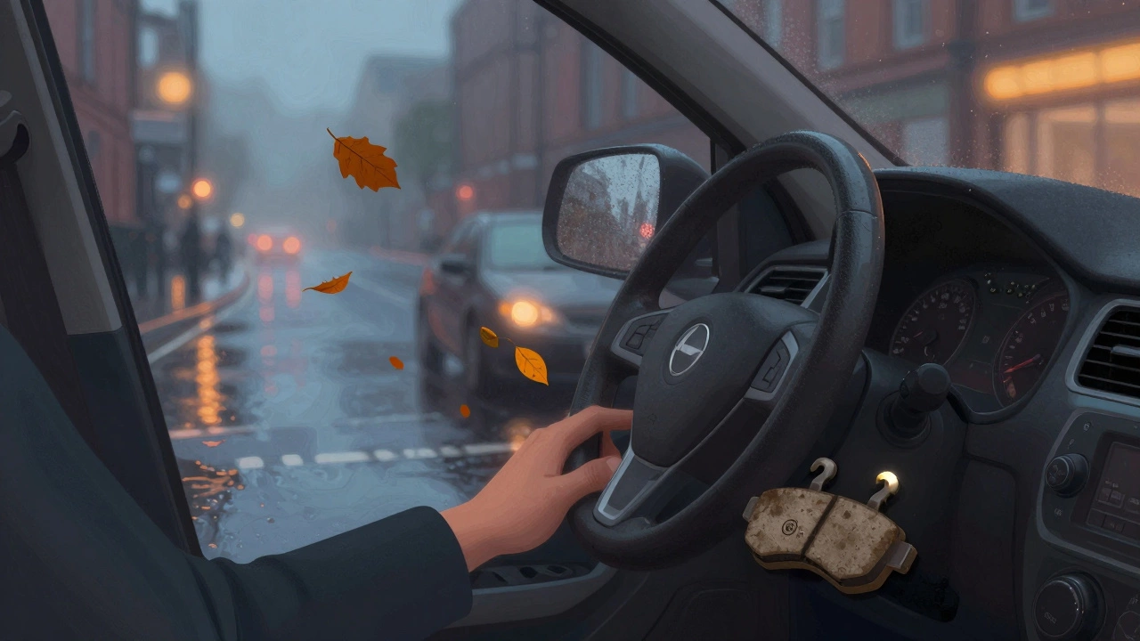 Driver gently slowing down on a rainy urban street with subtle brake wear symbolism.