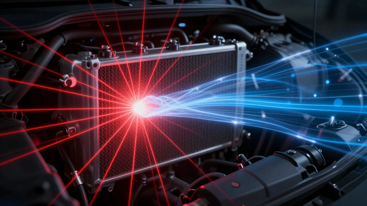 Engine with warning red lines and a transparent healthy cooling system overlay, symbolizing repair vs neglect.