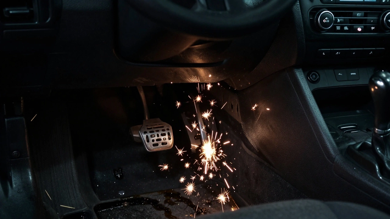 Inside a car at night, clutch pedal sinking abnormally as grinding sparks appear near gearshift.