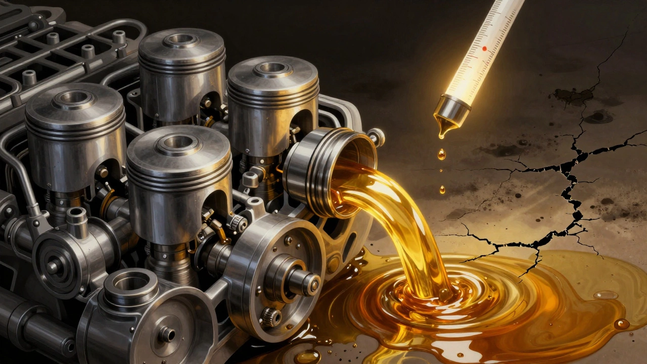 Internal engine parts with golden oil flow contrasting dry, worn sections.