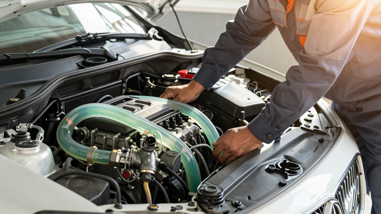 Mechanic inspecting a clean car cooling system.