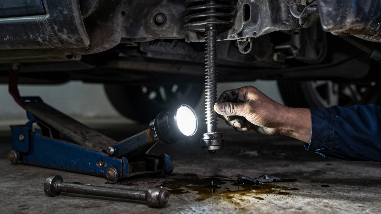 Mechanic inspecting a loose tie rod end under a lifted car with a flashlight.