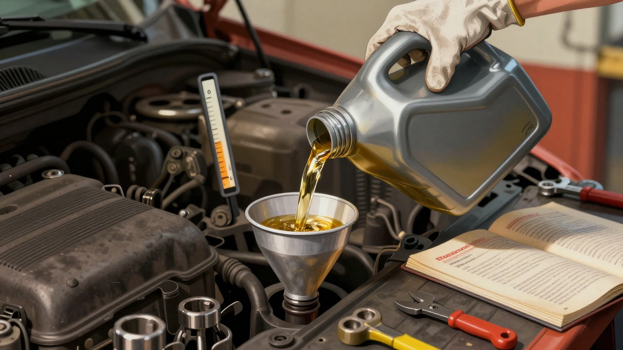Mechanic pouring oil into engine through funnel while dipstick shows low level.