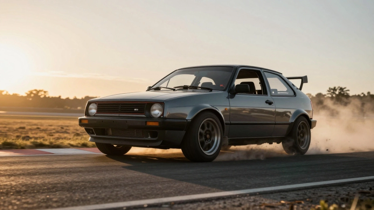 Modified car accelerating on racetrack at sunset