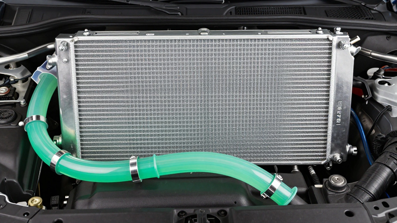 New radiator installed in clean engine bay with fresh green coolant.