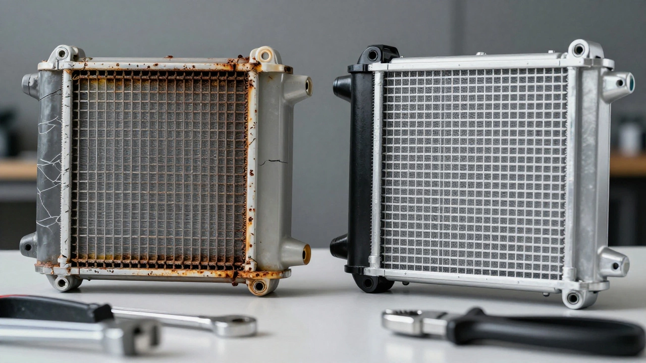 Old corroded radiator next to a new replacement part.