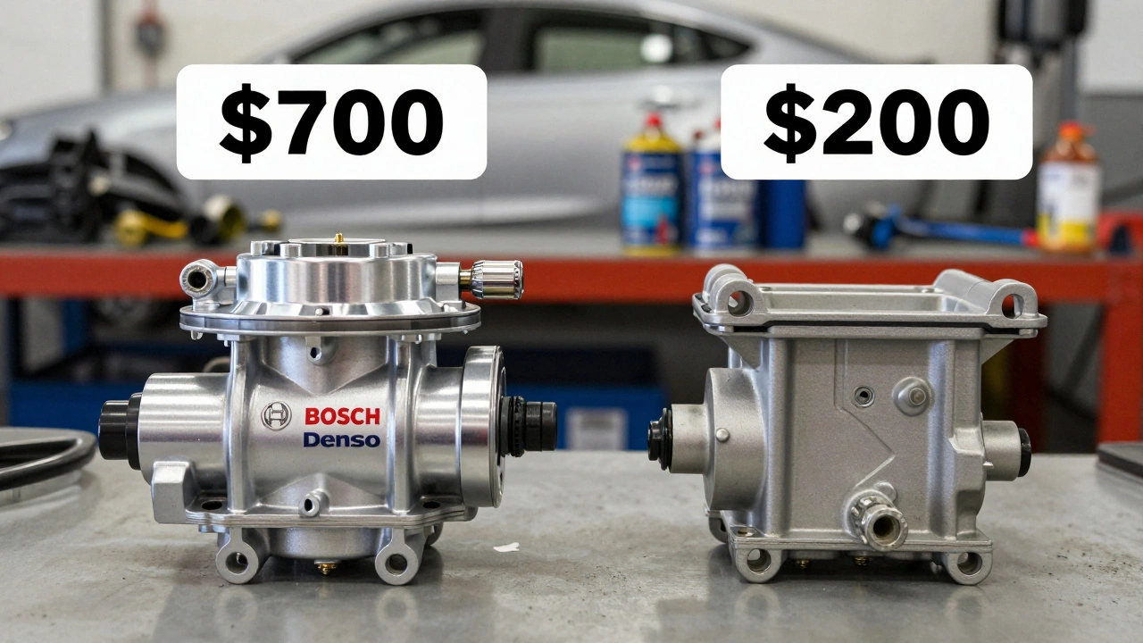 Side-by-side comparison of an OEM and aftermarket fuel pump on a workbench, highlighting design and quality differences.