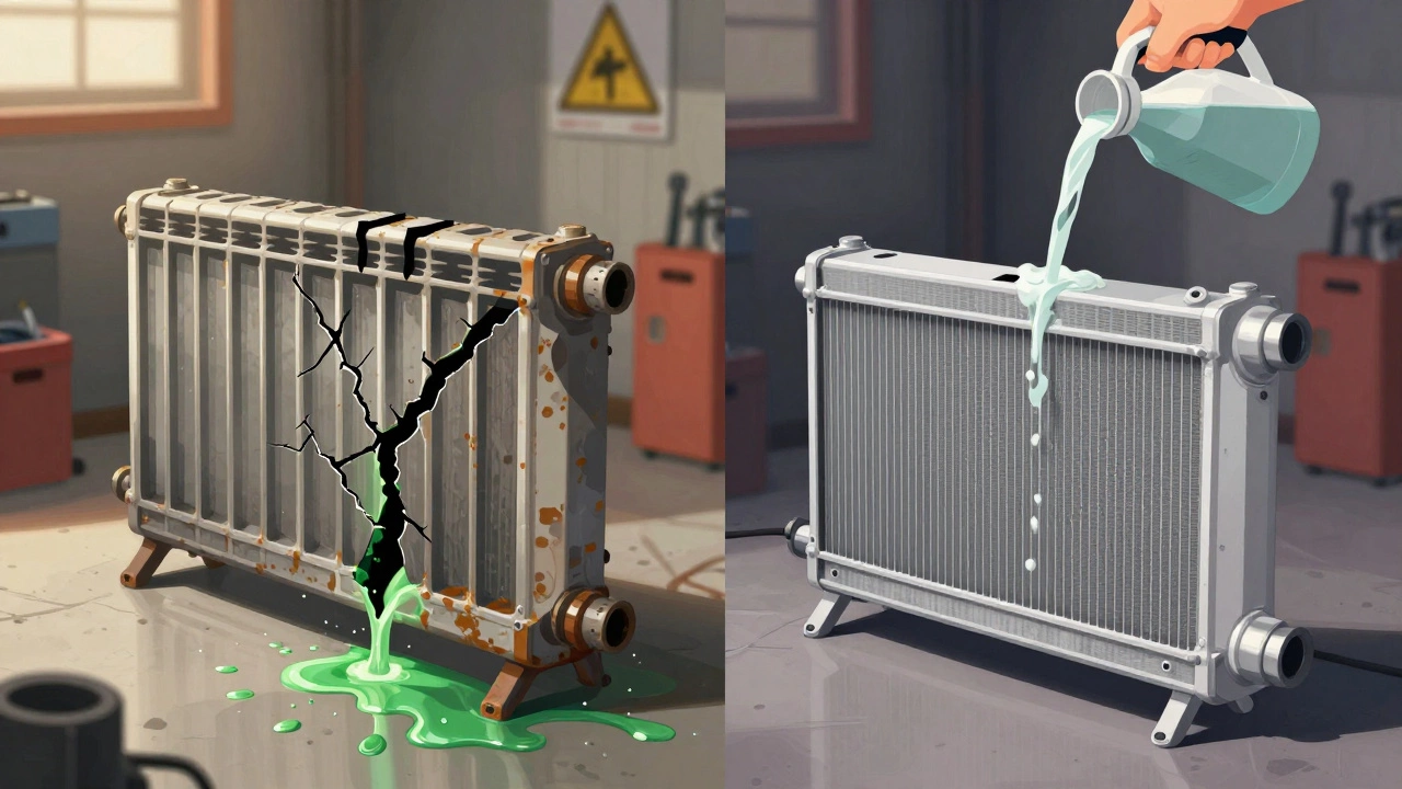 Split view showing a leaking radiator on one side and a new one being installed on the other.