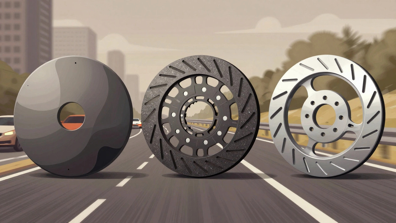 Three types of clutch discs displayed with driving scenarios behind them.